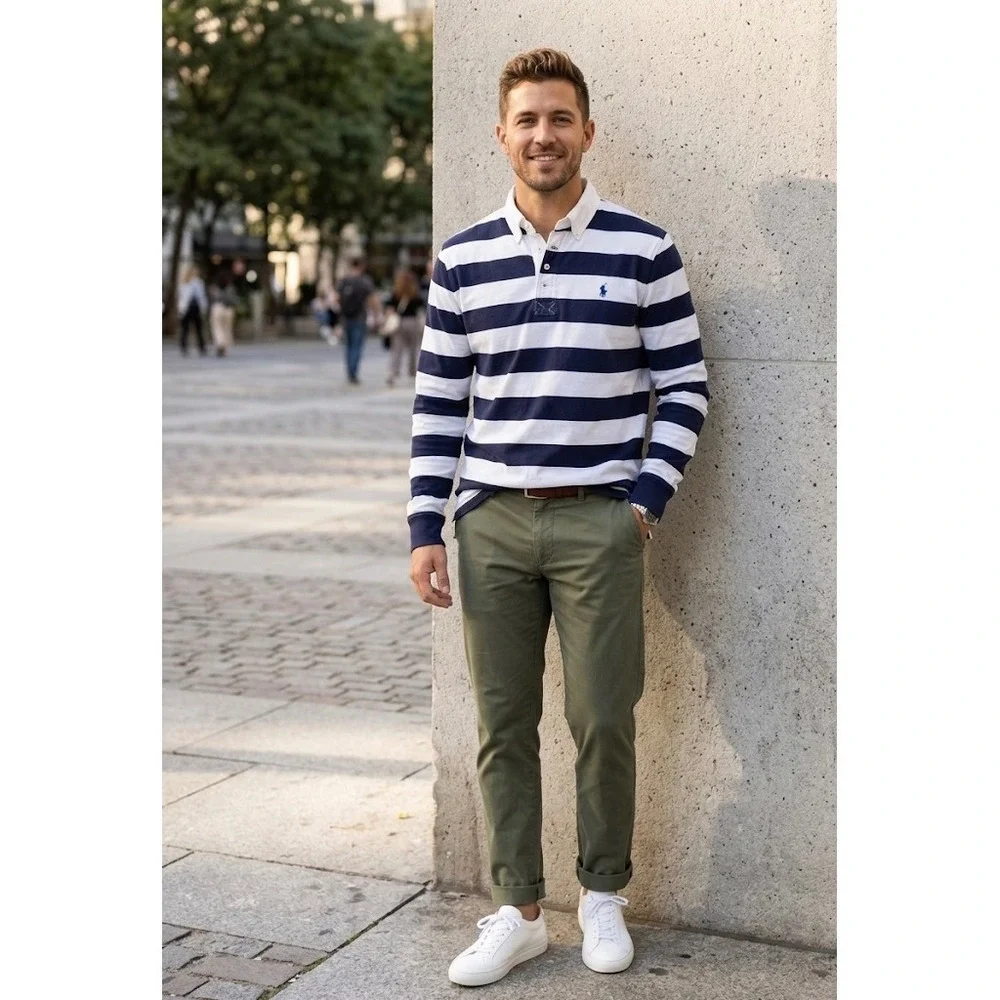 Polo Ralph Lauren Mens Large L Long Sleeve Rugby Shirt Navy White Striped Cotton